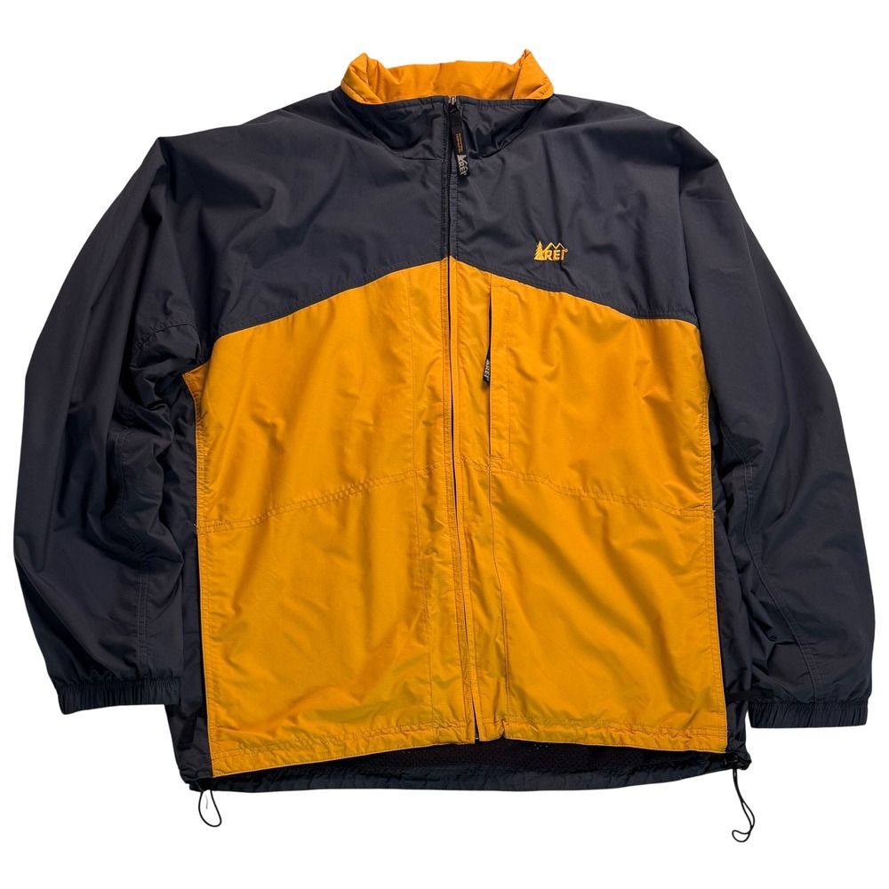 REI Mens XL Windbreaker Jacket Grey Yellow Full Zip Mesh Lined Hiking Outdoor